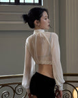 Hydrae Sheer Glitter High-Neck Draped Balloon-Sleeve Cropped Blouse