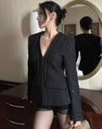 Hydrae Sequin Tweed Sculpted-Waist Deep V-Neck Tailored Fit Blazer