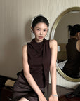 Hydrae Sculpted Drape High-Neck Scarf Detail Sleeveless Top