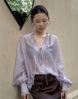 Hydrae Sheer Embroidered Tie-Front Blouse with Voluminous Sleeves