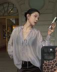 Hydrae Sheer Embroidered Tie-Front Blouse with Voluminous Sleeves