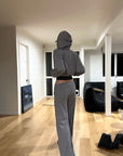 Rase le sol Sweat à capuche zippé imprimé & Ensemble pantalon de survêtement à jambe large
