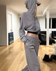 Rase le sol Sweat à capuche zippé imprimé & Ensemble pantalon de survêtement à jambe large