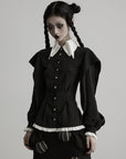 DOINDULGE Contrast Collar Puff Sleeve Blouse