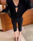 ROVENTE Deep V Draped Asymmetric Long Sleeve Ruched Wrap Top
