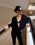 ROVENTE Deep V Draped Asymmetric Long Sleeve Ruched Wrap Top