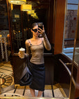 ROVENTE Leopard Print Off Shoulder Long Sleeve Top with Lace Trim and Slim Fit Silhouette