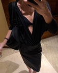 ROVENTE Deep V Draped Asymmetric Long Sleeve Ruched Wrap Top