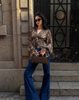 ROVENTE Leopard Chiffon Deep V Ruched Tie-Front Flared Blouse