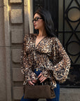 ROVENTE Leopard Chiffon Deep V Ruched Tie-Front Flared Blouse
