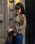 ROVENTE Leopard Chiffon Deep V Ruched Tie-Front Flared Blouse