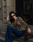 ROVENTE Leopard Chiffon Deep V Ruched Tie-Front Flared Blouse