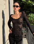 ROVENTE Floral Lace Sheer Long Sleeve Top with Sculpted Slim Fit and Romantic Modern Silhouette
