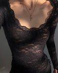ROVENTE Floral Lace Sheer Long Sleeve Top with Sculpted Slim Fit and Romantic Modern Silhouette