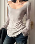 WARDEN EDGE Raw Seam Wool Layered Scoop Neck Long Sleeve Top