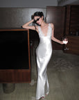 ROVENTE Lace-Trim Lace-Up Satin Maxi Dress