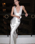 ROVENTE Lace-Trim Lace-Up Satin Maxi Dress