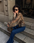 ROVENTE Leopard Chiffon Deep V Ruched Tie-Front Flared Blouse