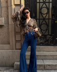 ROVENTE Leopard Chiffon Deep V Ruched Tie-Front Flared Blouse