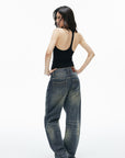 IAMXIAA Vintage Wash Grommet Baggy Jeans