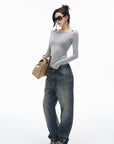 IAMXIAA Vintage Wash Grommet Baggy Jeans