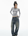 IAMXIAA Vintage Wash Grommet Baggy Jeans