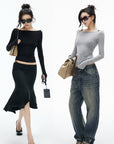 IAMXIAA Off-Shoulder Slim Long Sleeve Knit Top