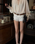 Hydrae Embellished Ruffle-Neck Tie-Front Blouson-Sleeve Top