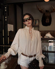 Hydrae Embellished Ruffle-Neck Tie-Front Blouson-Sleeve Top