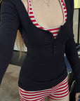 Rase le sol Layered Henley Knit Top, Racerback Tank & Striped Micro Shorts Set