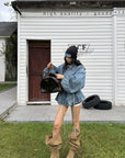 WARDEN EDGE Washed Denim Balloon-Sleeve Peplum Jacket