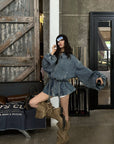 WARDEN EDGE Washed Denim Balloon-Sleeve Peplum Jacket