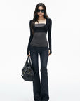 IAMXIAA Contrast Mesh Cutout Long Sleeve Top