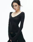 IAMXIAA Lace-Trim Scoop Neck Fitted Long Sleeve Top