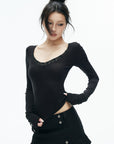 IAMXIAA Lace-Trim Scoop Neck Fitted Long Sleeve Top
