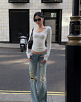 ROVENTE Sheer Scoop Neck Long Sleeve Top
