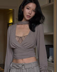 Hydrae Draped Wrap Front Ruched Long Sleeve Top With Asymmetric Neckline