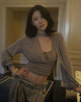 Hydrae Draped Wrap Front Ruched Long Sleeve Top With Asymmetric Neckline