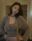 Hydrae Draped Wrap Front Ruched Long Sleeve Top With Asymmetric Neckline