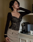 Hydrae Lace Contrast Ruched Bust Long Sleeve Top With Sheer Floral Texture