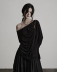 DOINDULGE Irregular Neckline Knit Long Sleeve Top