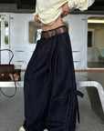 WARDEN EDGE Pleated Wide-Leg Denim Pants with Side Tie