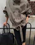 ROVENTE Double-Breasted High Stand Collar Belted Short Trench Jacket