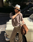 ROVENTE Brushed V-Neck Relaxed Fit Long Sleeve Knit Sweater