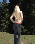 Rase le sol Faded Flared Denim Pants with Copper-Tone Rivets & Embroidered Back Pockets