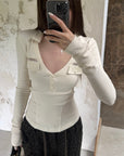 Rase le sol Lace-Trimmed Deep V-Neck Fitted Long Sleeve Top