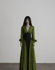 DOINDULGE Robe longue à manches bouffantes, taille corset et col en V