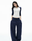IAMXIAA Colorblock Raglan Sleeve Notch Neck Long Sleeve Top