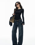 IAMXIAA Low-Rise Vintage Whisker Wash Baggy Wide-Leg Jeans