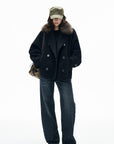 IAMXIAA Fur Collar Oversized Double-Breasted Short Coat